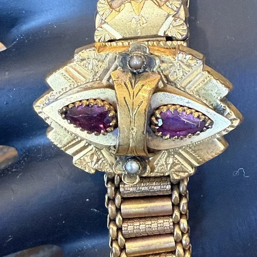 Antique Victorian Gold Filled Mesh Slide Bracelet Amethyst Glass Seed Pearl 1882 - Picture 3 of 13